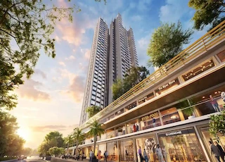 A modern luxury Sunteck apartments with premium retail spaces, landscaped surroundings, and elegant urban architecture.
